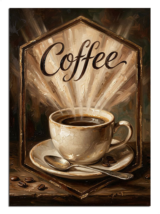 "Coffee" yazılı, dumanı tüten nostaljik kahve görseli.