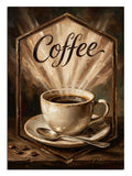 "Coffee" yazılı, dumanı tüten nostaljik kahve görseli.