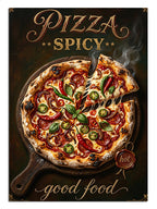 İştah açıcı pizza görseli ve retro reklam yazısı.