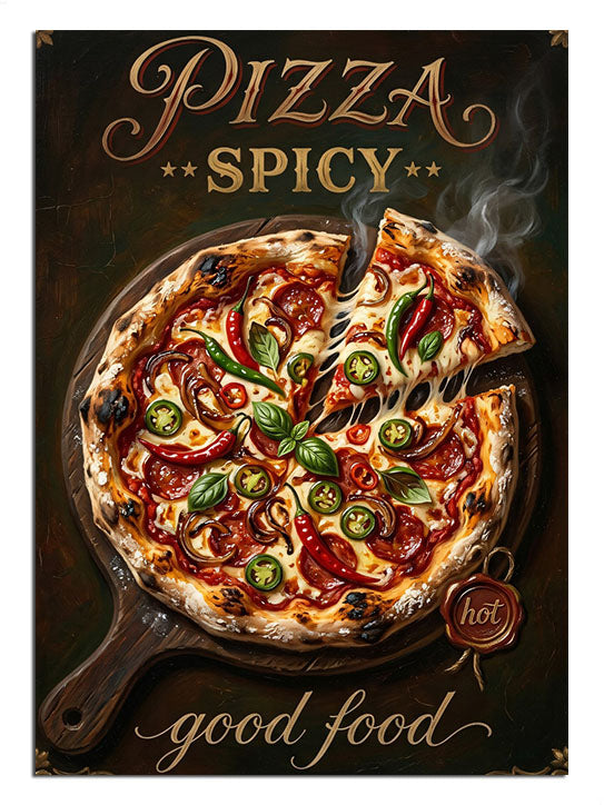 İştah açıcı pizza görseli ve retro reklam yazısı.