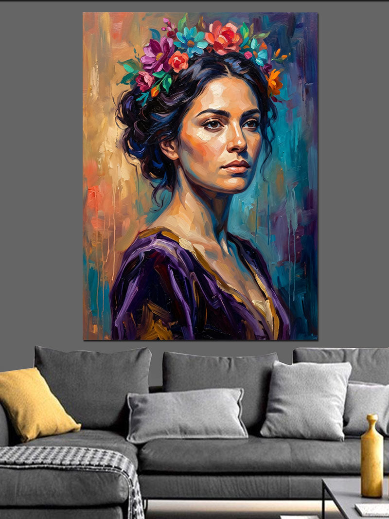 Çiçekli Taçlı Modern Kadın Portresi Kanvas Tablo