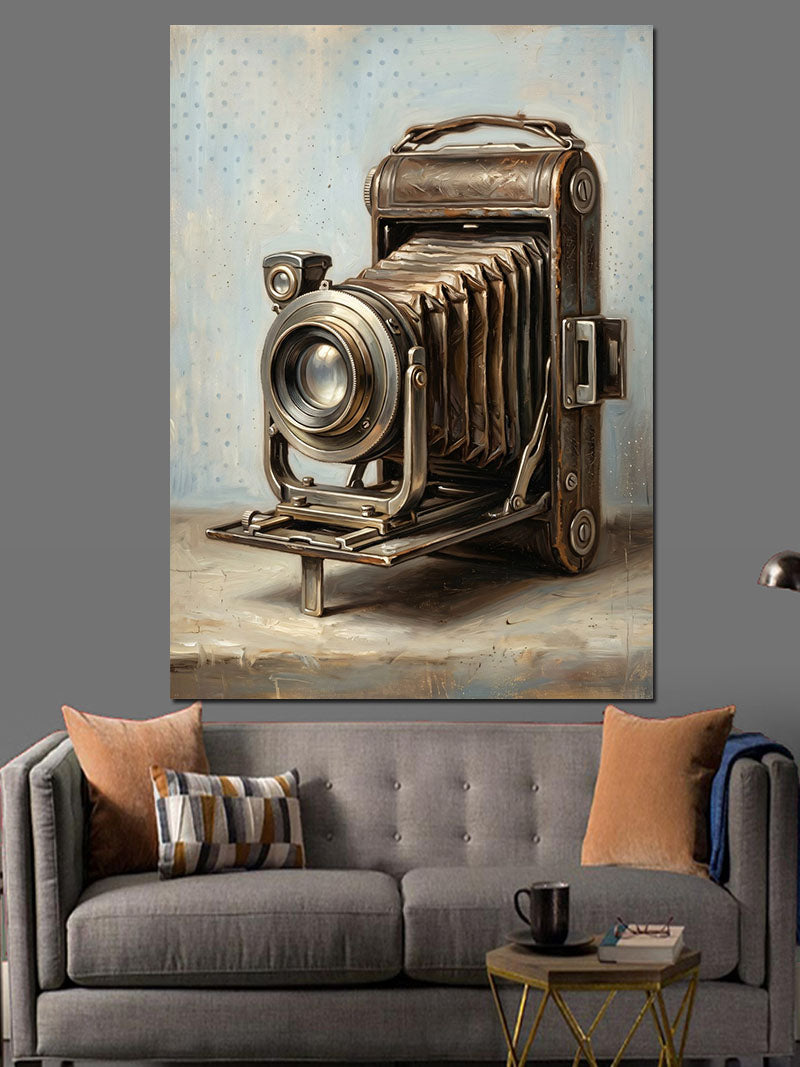Teknik Çizimli Antik Fotoğraf Makinesi Kanvas Tablo