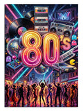 Renkli neon ışıklar ve 80'ler temalı parti görseli.