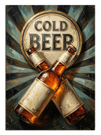 "Cold Beer" yazılı, çapraz duran bira şişeleri tasarımı.
