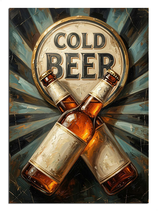 "Cold Beer" yazılı, çapraz duran bira şişeleri tasarımı.