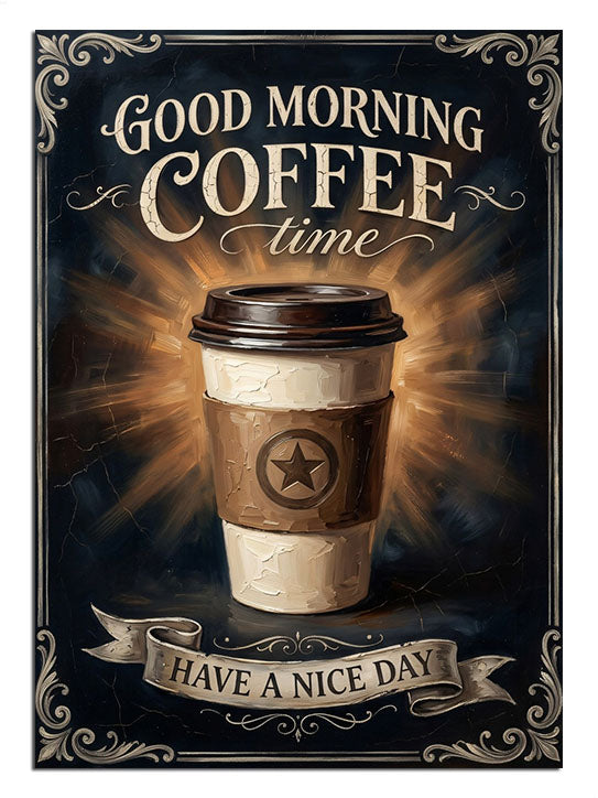 "Good Morning" yazılı, kağıt bardakta dumanlı kahve.