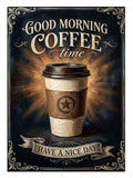 "Good Morning" yazılı, kağıt bardakta dumanlı kahve.