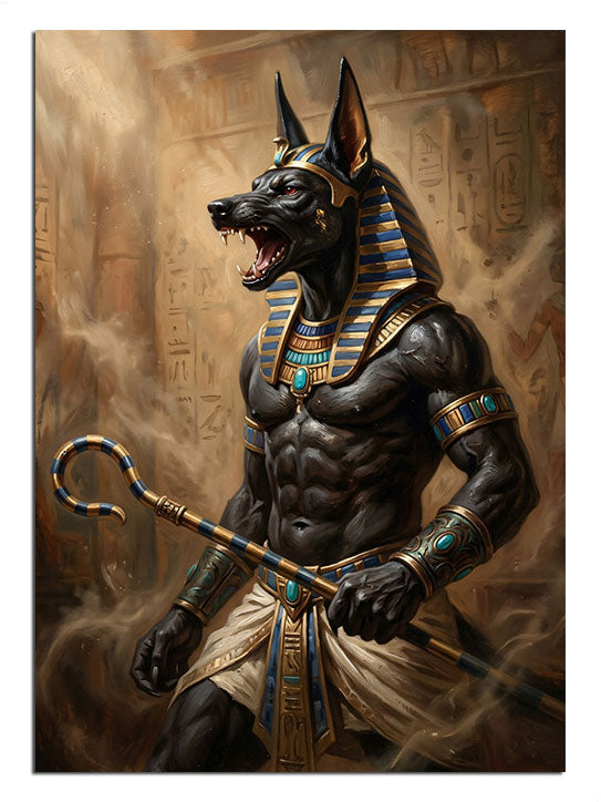 Kaslı yapısı ve altın detaylarıyla çakal başlı Anubis.