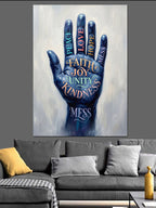 Üzerinde Yazılar Olan Mavi El Kanvas Tablo