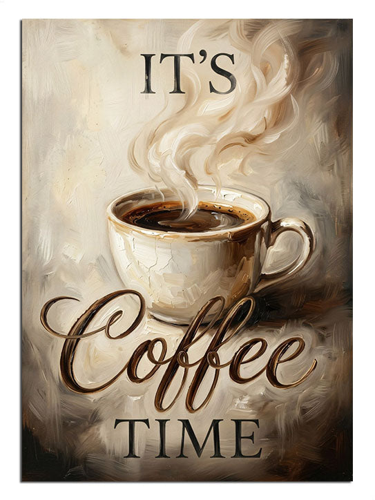 "It's Coffee Time" yazılı, dumanı tüten kahve tasarımı.