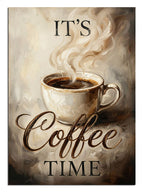 "It's Coffee Time" yazılı, dumanı tüten kahve tasarımı.