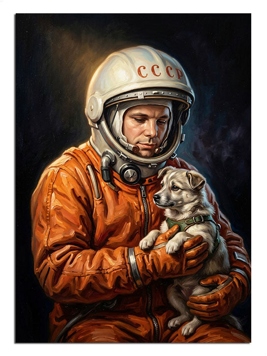 Uzay giysisi içinde kucağında kedi tutan astronot.