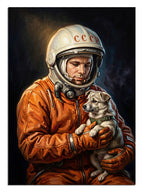 Uzay giysisi içinde kucağında kedi tutan astronot.