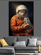 Kedisiyle Duran Modern Turuncu Astronot Kanvas Tablo