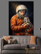 Kedisiyle Duran Modern Turuncu Astronot Kanvas Tablo