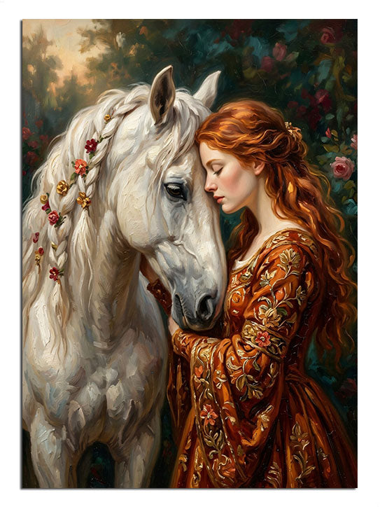 Birbirine yaslanan beyaz bir at ve uzun saçlı kadın.