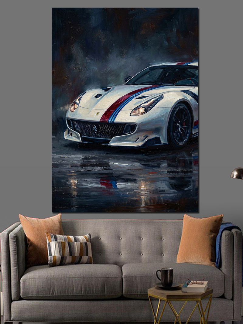 Islak Asfaltta Beyaz Spor Araba Kanvas Tablo