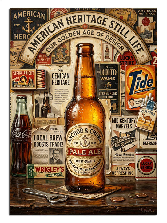 "American Heritage" yazılı, nostaljik bira şişesi görseli.