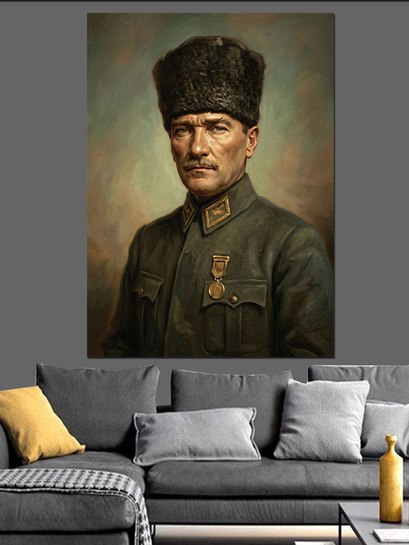 Kalpaklı Ve Üniformalı Atatürk Portresi Kanvas Tablo