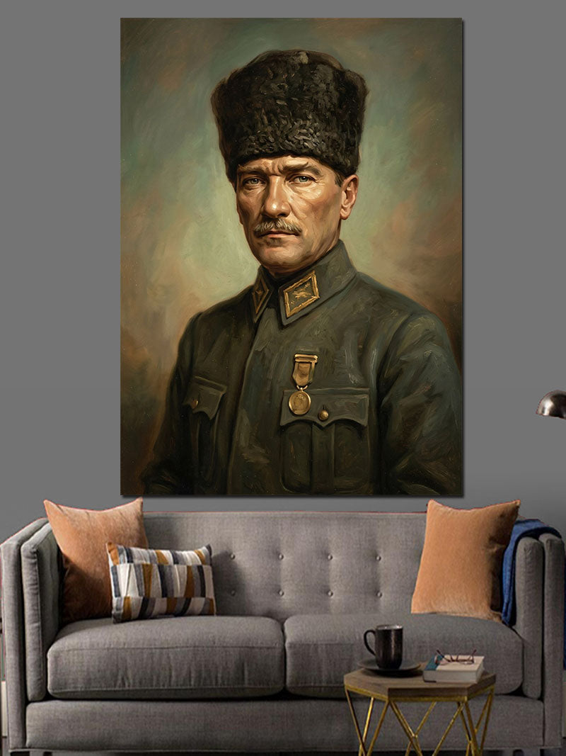 Kalpaklı Ve Üniformalı Atatürk Portresi Kanvas Tablo