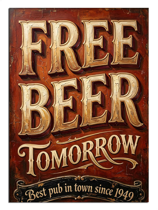 "Free Beer Tomorrow" yazılı esprili nostaljik bira panosu.