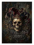 "Memento Mori" yazılı, palyaço kıyafetli dramatik kurukafa.