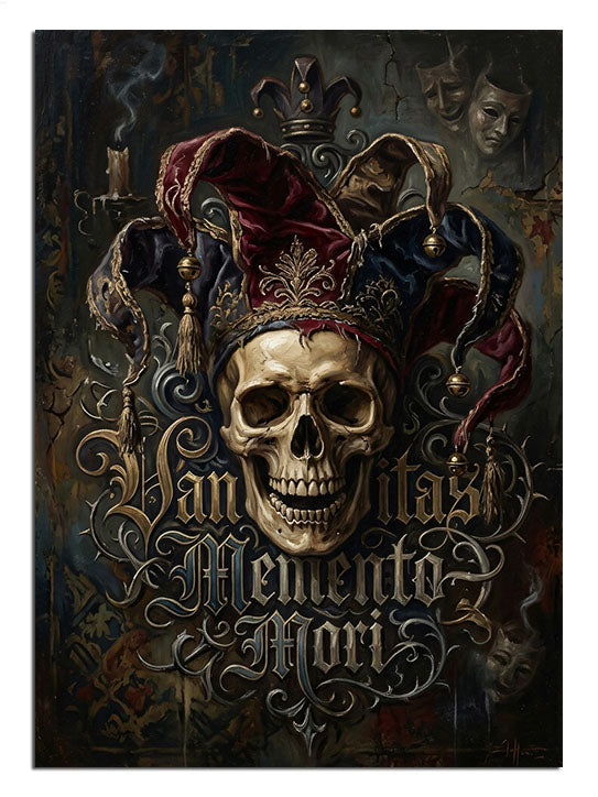 "Memento Mori" yazılı, palyaço kıyafetli dramatik kurukafa.