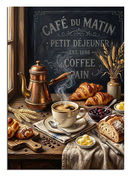 Kruvasan, kahve ve "Cafe du Matin" yazılı nostaljik pano.