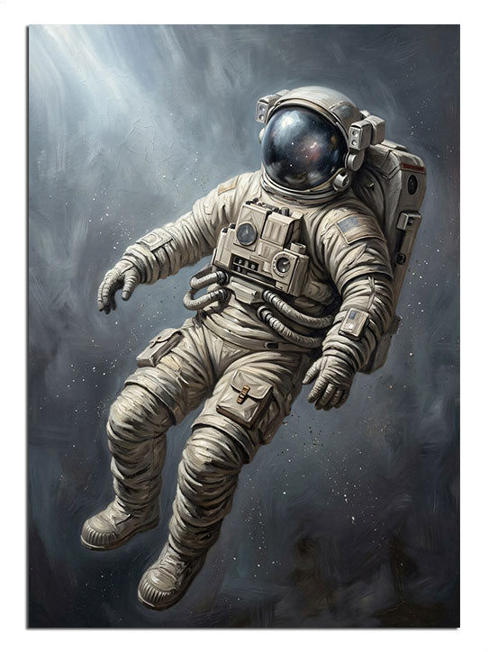 Karanlık evrende ağırlıksız bir şekilde uçan astronot figürü.