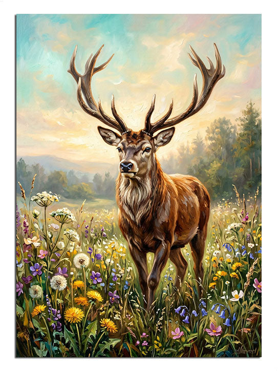 Rengarenk kır çiçekleri arasında asil boynuzlu geyik.