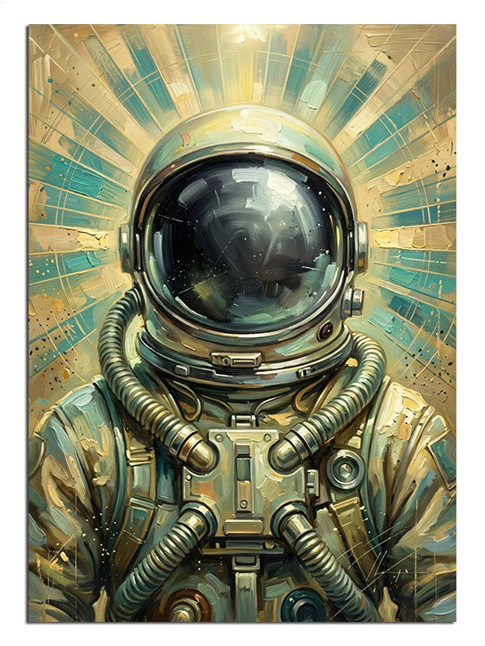 Arkasından parlayan güneşle duran kasklı astronot figürü.