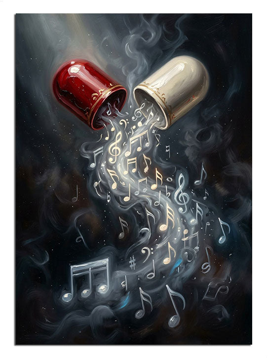 İki renkli hapın içinden dökülen müzik notaları.