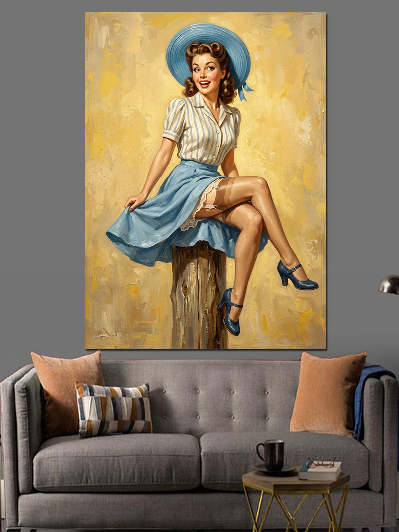 Şapkalı Ve Mavi Etekli Retro Kadın Kanvas Tablo