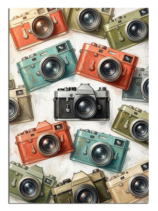 Birçok farklı modelde eski fotoğraf makinesi kolajı.