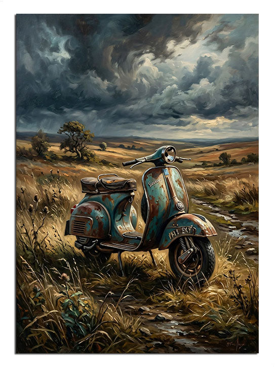 Fırtınalı gökyüzü altında geniş bir arazide duran klasik Vespa.