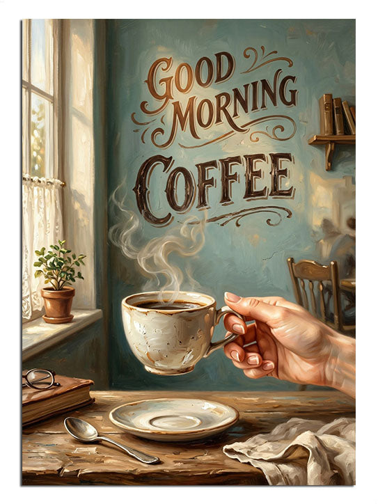 "Good Morning" yazılı, cam kenarında kahve keyfi tasarımı.