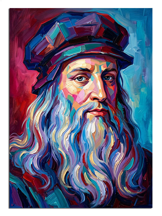 Modern ve canlı renklerle yorumlanmış Leonardo da Vinci.
