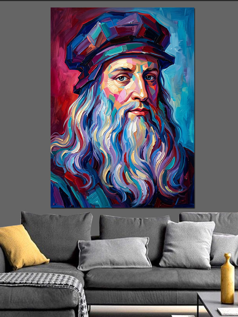 Renkli Boyalı Sakallı Leonardo Portresi Kanvas Tablo