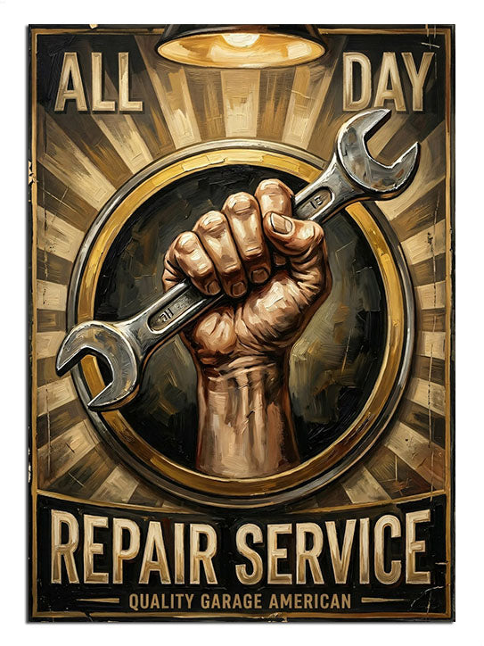 "Repair Service" yazılı, anahtar tutan yumruk logosu.