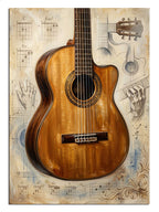 Mühendislik çizimleri üzerinde gerçekçi bir gitar görseli.