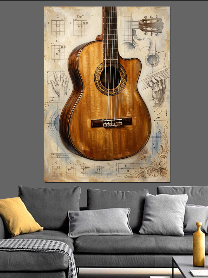 Antik Kağıtta Klasik Akustik Gitar Kanvas Tablo
