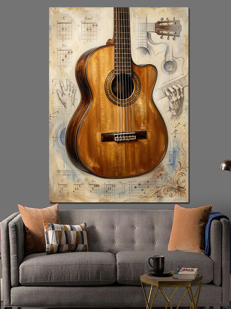 Antik Kağıtta Klasik Akustik Gitar Kanvas Tablo