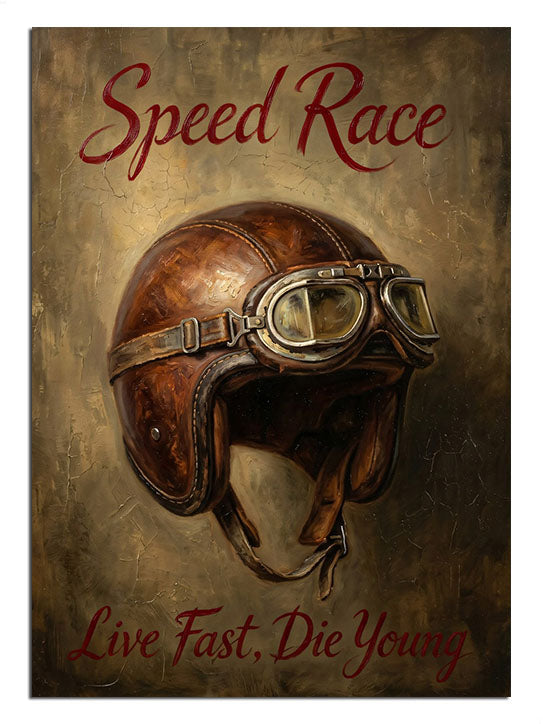 "Speed Race" yazılı, eski model deri motorcu kaskı.