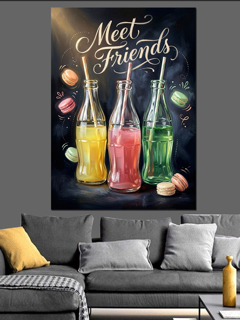 Meet Friends Yazılı Renkli İçecekler Kanvas Tablo