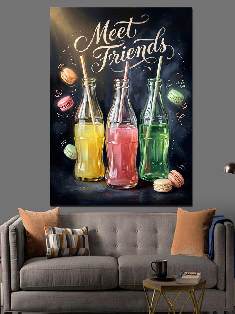 Meet Friends Yazılı Renkli İçecekler Kanvas Tablo