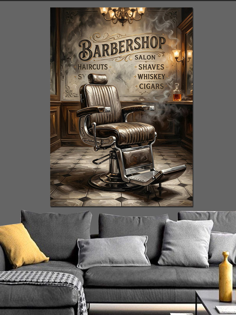 Barber Shop Klasik Koltuk Ve Tabela Kanvas Tablo