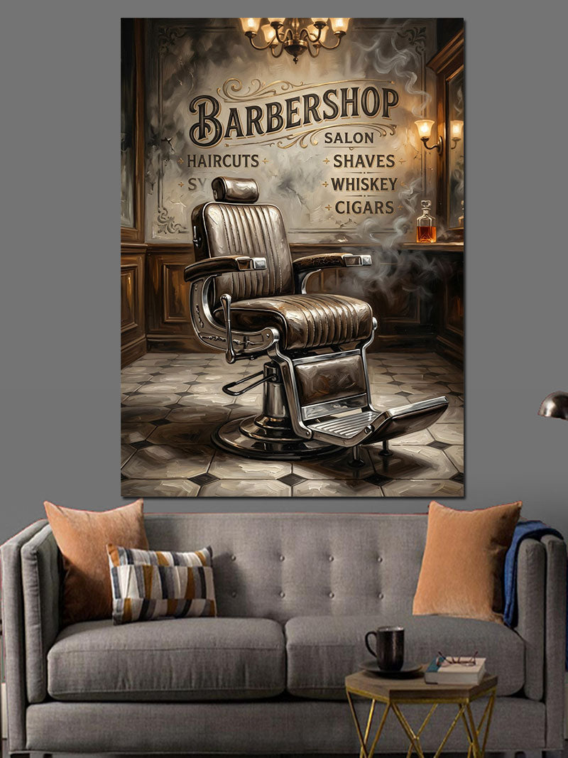 Barber Shop Klasik Koltuk Ve Tabela Kanvas Tablo