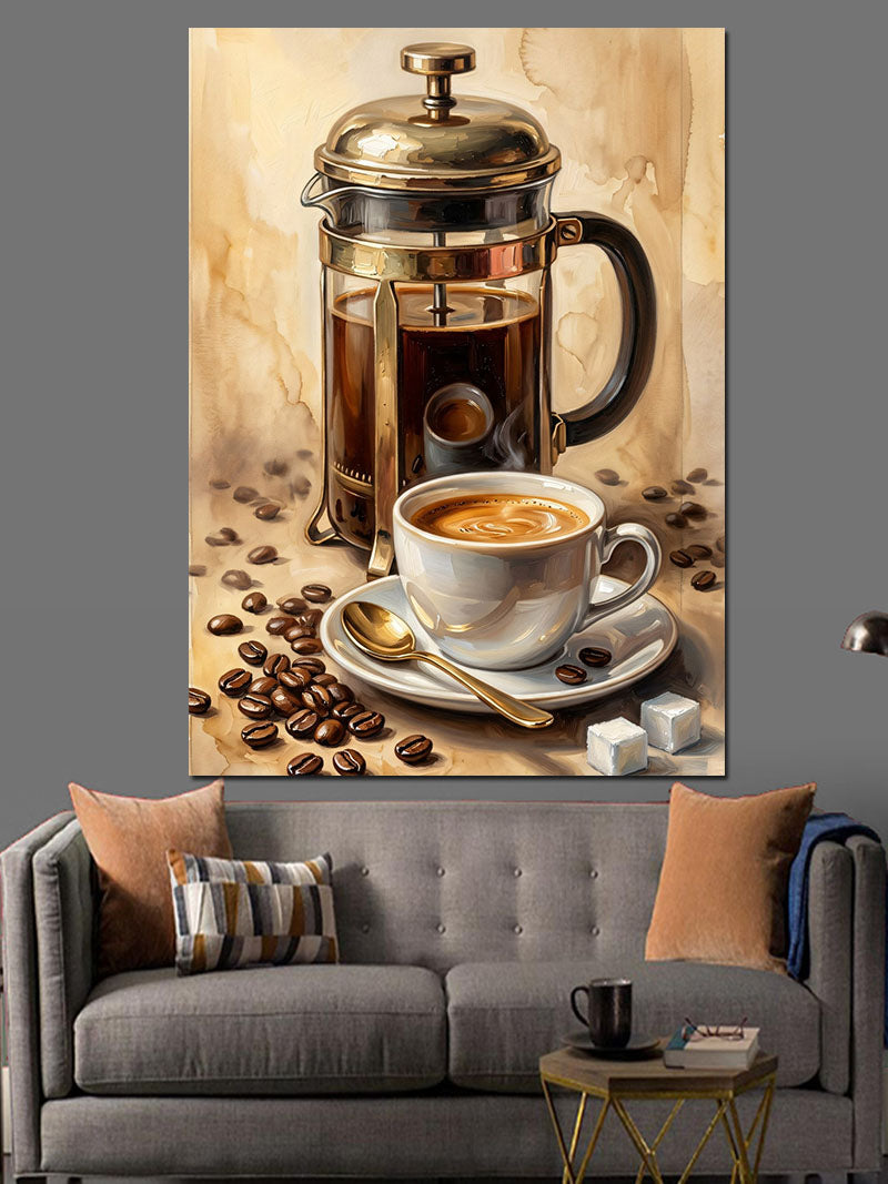 French Press Ve Kahve Fincanı Kanvas Tablo