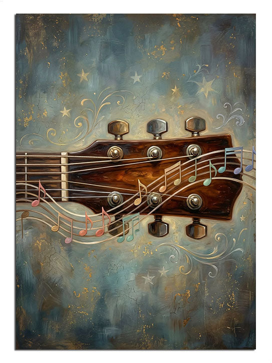 Yakın plan, tüm detaylarıyla klasik gitar tasarımı.