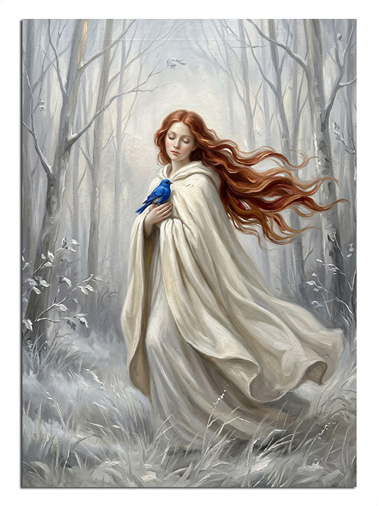 Kış manzarasında beyaz peleriniyle yürüyen şık kadın.